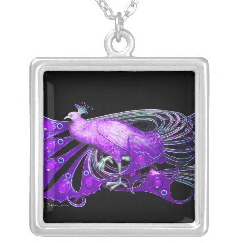 ELEGANT PEACOCK IN PURPLE AND BLACK SILVER PLATED NECKLACE