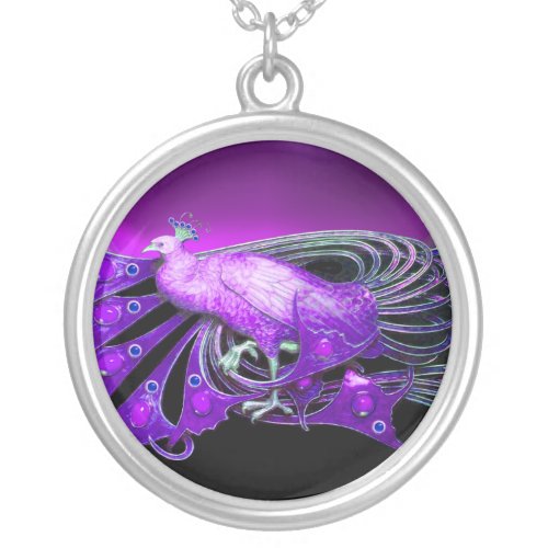 ELEGANT PEACOCK IN PURPLE AND BLACK SILVER PLATED NECKLACE