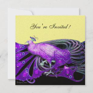 ELEGANT PEACOCK IN PURPLE BLACK AND GOLD YELLOW INVITATION