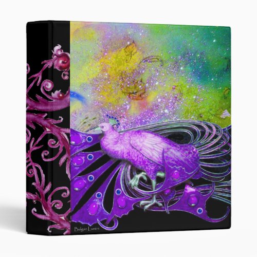 ELEGANT PEACOCK IN PURPLE BLACK  GOLD SPARKLES BINDER