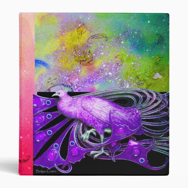 ELEGANT PEACOCK IN PURPLE BLACK  GOLD SPARKLES BINDER (Front)
