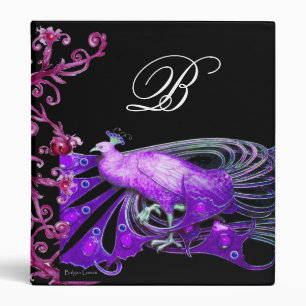 ELEGANT PEACOCK IN PURPLE BLACK MONOGRAM 3 RING BINDER
