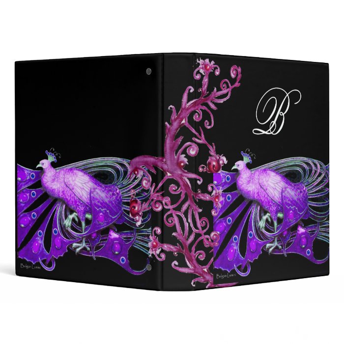 ELEGANT PEACOCK IN PURPLE BLACK MONOGRAM 3 RING BINDERS