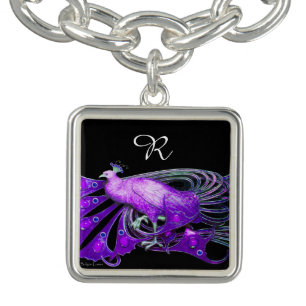 ELEGANT PEACOCK IN PURPLE,BLACK MONOGRAM GEM BRACELET