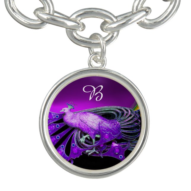 ELEGANT PEACOCK IN PURPLE,BLACK MONOGRAM GEM CHARM BRACELET (Design)