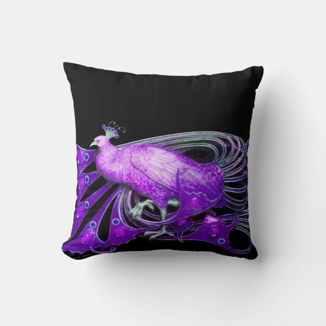 ELEGANT PEACOCK IN PURPLE BLACK THROW PILLOW (Front)