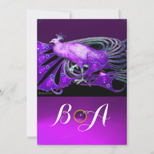 ELEGANT PEACOCK IN PURPLE,BLACK WEDDING MONOGRAM INVITATION