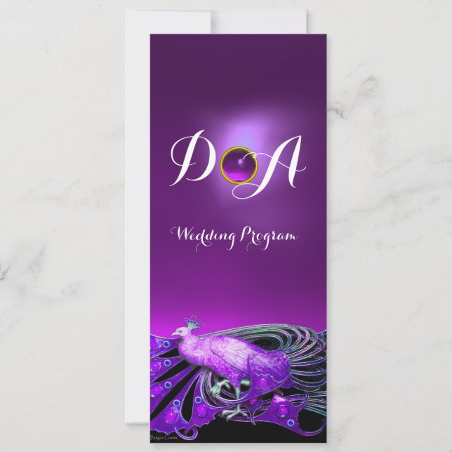 ELEGANT PEACOCK IN PURPLE,BLACK WEDDING  MONOGRAM INVITATION (Front)