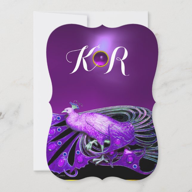 ELEGANT PEACOCK IN PURPLE,BLACK WEDDING  MONOGRAM INVITATION (Front)