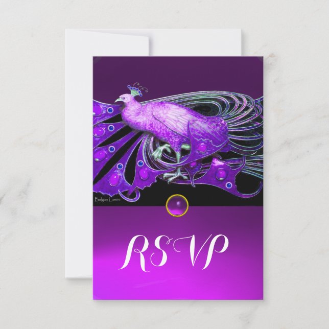ELEGANT PEACOCK IN PURPLE,BLACK WEDDING RSVP CARD (Front)