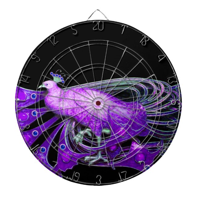 ELEGANT PEACOCK IN PURPLE DARTBOARD WITH DARTS (Front)