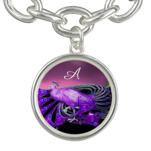 ELEGANT PEACOCK IN PURPLEPINK BLACK MONOGRAM GEM CHARM BRACELET