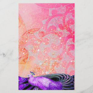 ELEGANT PEACOCK IN PURPLE SPARKLING PINK FUCHSIA STATIONERY