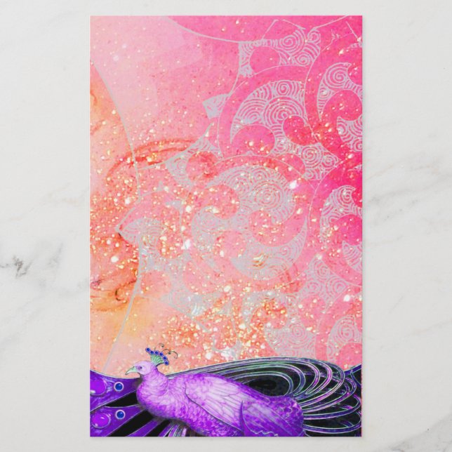 ELEGANT PEACOCK IN PURPLE SPARKLING PINK FUCHSIA STATIONERY (Front)