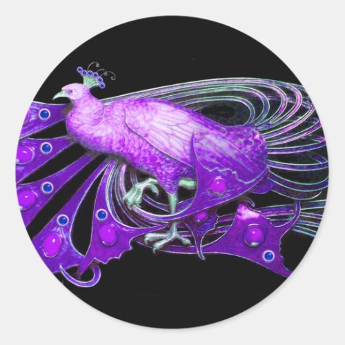 ELEGANT PEACOCK IN PURPLE VIOLET BLACK CLASSIC ROUND STICKER