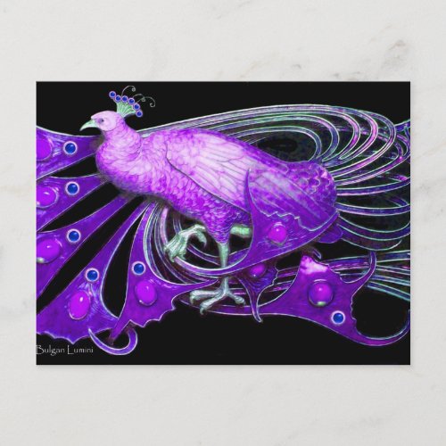 ELEGANT PEACOCK IN PURPLE VIOLET BLACK POSTCARD