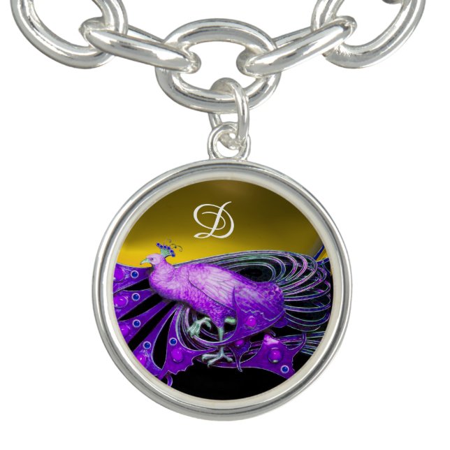 ELEGANT PEACOCK IN PURPLE,YELLOW MONOGRAM GEM BRACELET (Design)