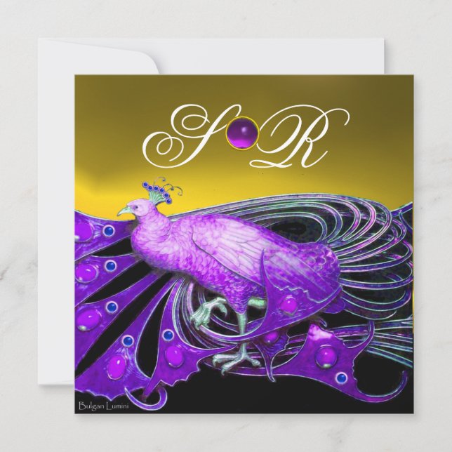 ELEGANT PEACOCK IN PURPLE,YELLOW WEDDING  MONOGRAM INVITATION (Front)