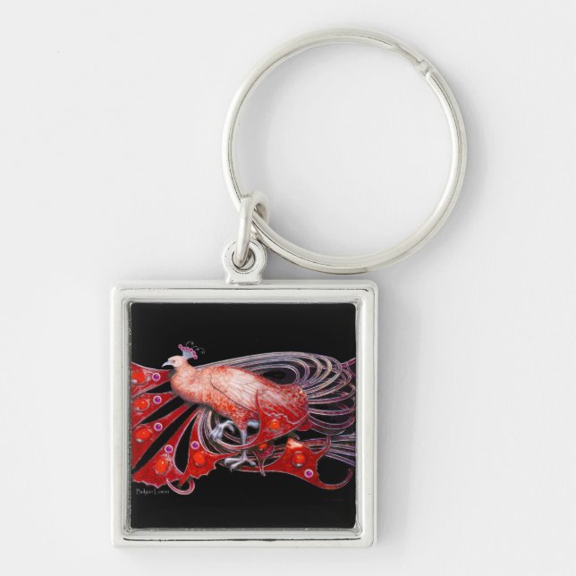 ELEGANT PEACOCK IN RED AND BLACK KEYCHAIN (Front)