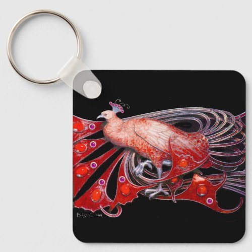 ELEGANT PEACOCK IN RED AND BLACK KEYCHAIN