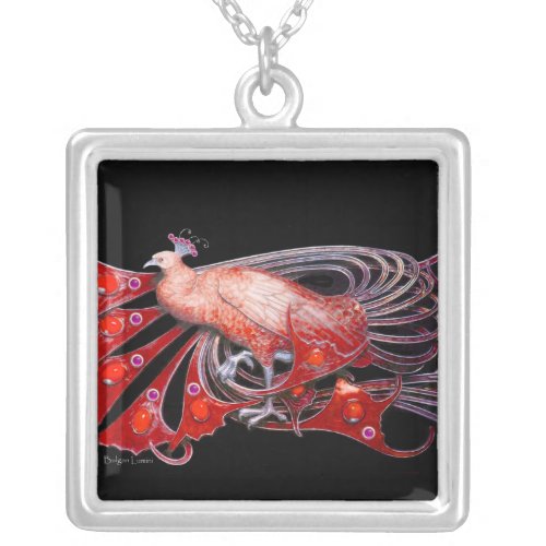ELEGANT PEACOCK IN RED AND BLACK SILVER PLATED NECKLACE