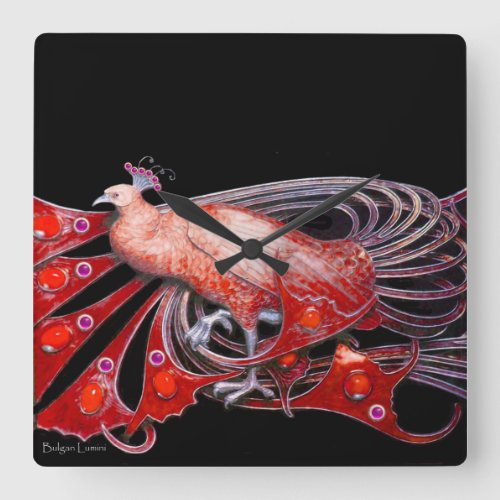 ELEGANT PEACOCK IN RED AND BLACK SQUARE WALL CLOCK