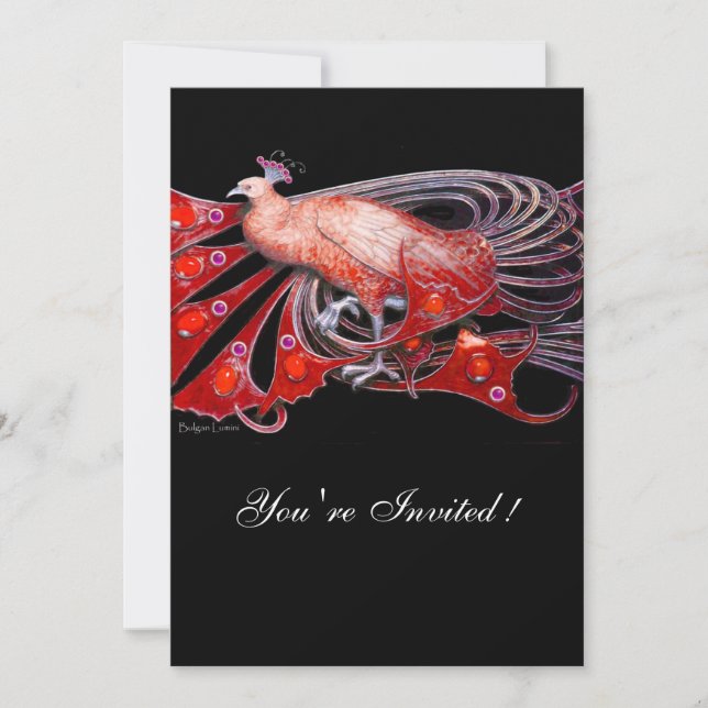 ELEGANT PEACOCK IN RED AND BLACK WEDDING PARTY INVITATION (Front)