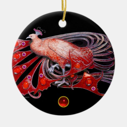 ELEGANT PEACOCK IN RED RUBY CERAMIC ORNAMENT