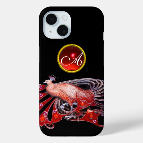 ELEGANT PEACOCK IN RED RUBY MONOGRAM iPhone 15 CASE