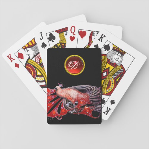 ELEGANT PEACOCK IN RED RUBY MONOGRAM POKER CARDS