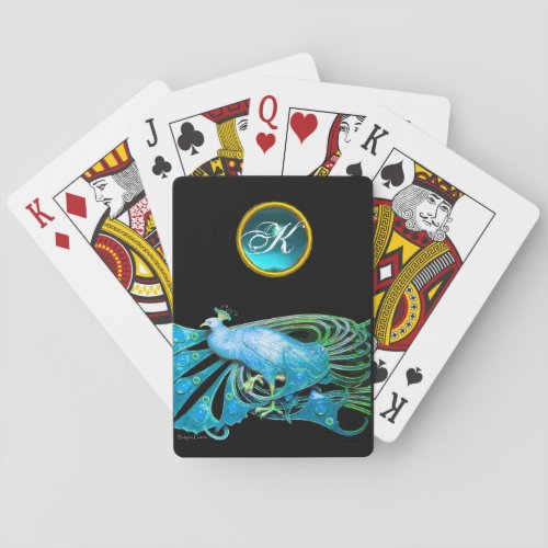 ELEGANT PEACOCK IN TEAL BLUE AQUAMARINE MONOGRAM  POKER CARDS