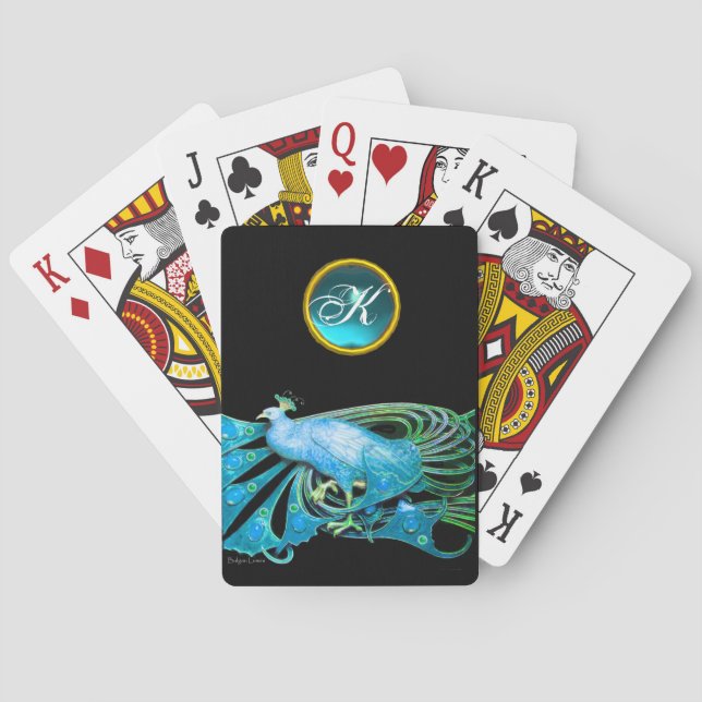 ELEGANT PEACOCK IN TEAL BLUE AQUAMARINE MONOGRAM  POKER CARDS (Back)