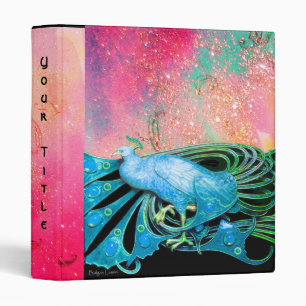 ELEGANT PEACOCK IN TEAL BLUE PINK,FUCHSIA ,BLACK 3 RING BINDER