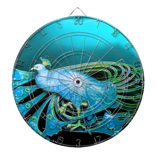 ELEGANT PEACOCK IN TEAL ,TURQUOISE BLUE DARTBOARD WITH DARTS (Front)