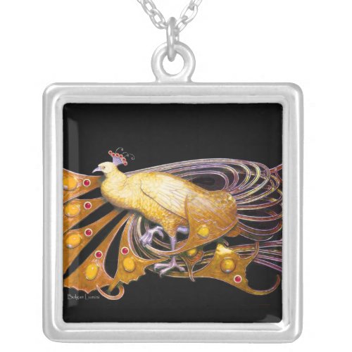 ELEGANT PEACOCK IN YELLOW AND BLACK SILVER PLATED NECKLACE