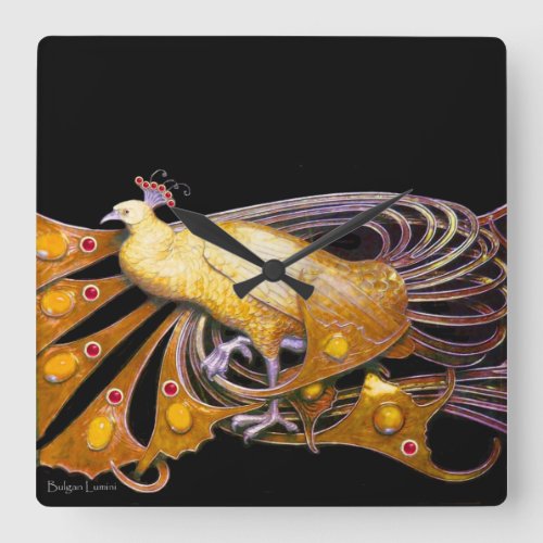 ELEGANT PEACOCK IN YELLOW AND BLACK SQUARE WALL CLOCK