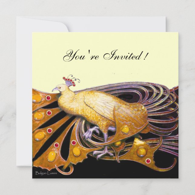 ELEGANT PEACOCK IN YELLOW BLACK AND GOLD Metallic Invitation (Front)