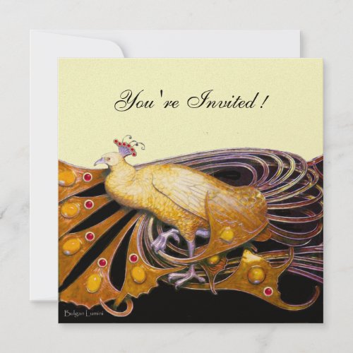 ELEGANT PEACOCK IN YELLOW BLACK AND GOLD Metallic Invitation