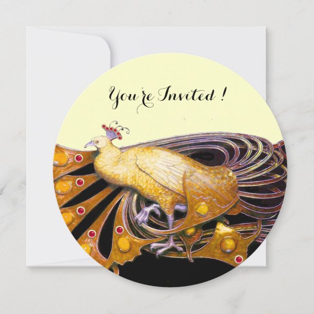 ELEGANT PEACOCK IN YELLOW BLACK CREAM CIRCLE INVITATION (Front)