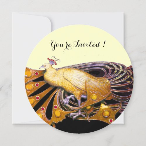 ELEGANT PEACOCK IN YELLOW BLACK CREAM CIRCLE INVITATION