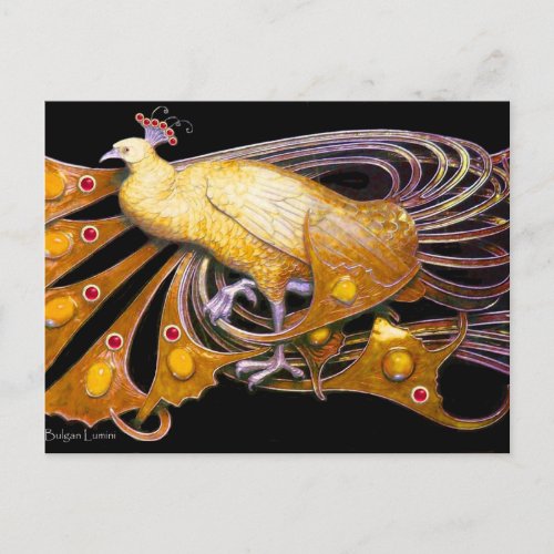 ELEGANT PEACOCK IN YELLOW BLACK POSTCARD