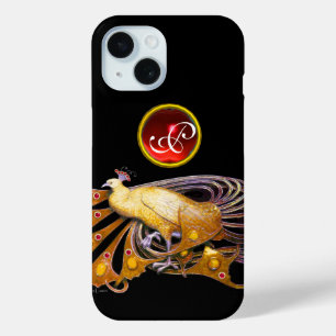 ELEGANT PEACOCK IN YELLOW, RUBY MONOGRAM iPhone 15 CASE