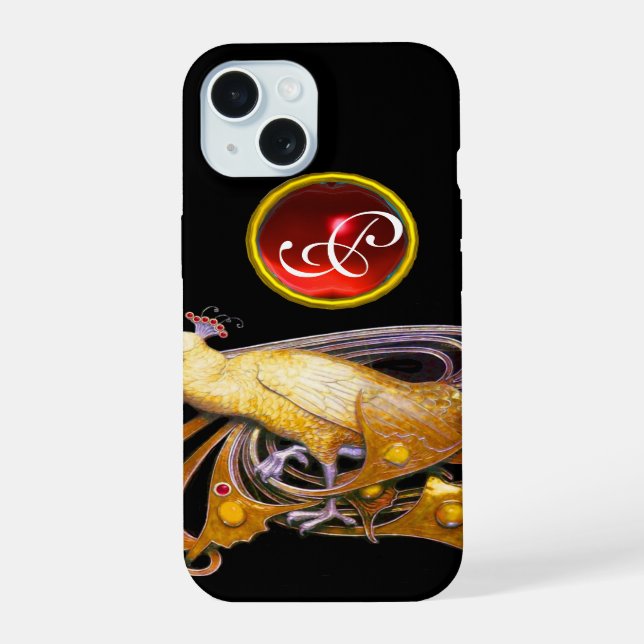 ELEGANT PEACOCK IN YELLOW, RUBY MONOGRAM IPHONE CASE (Back)