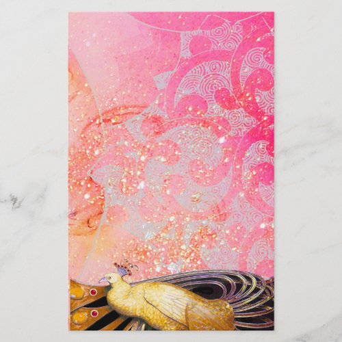 ELEGANT PEACOCK IN YELLOW SPARKLING PINK FUCHSIA STATIONERY