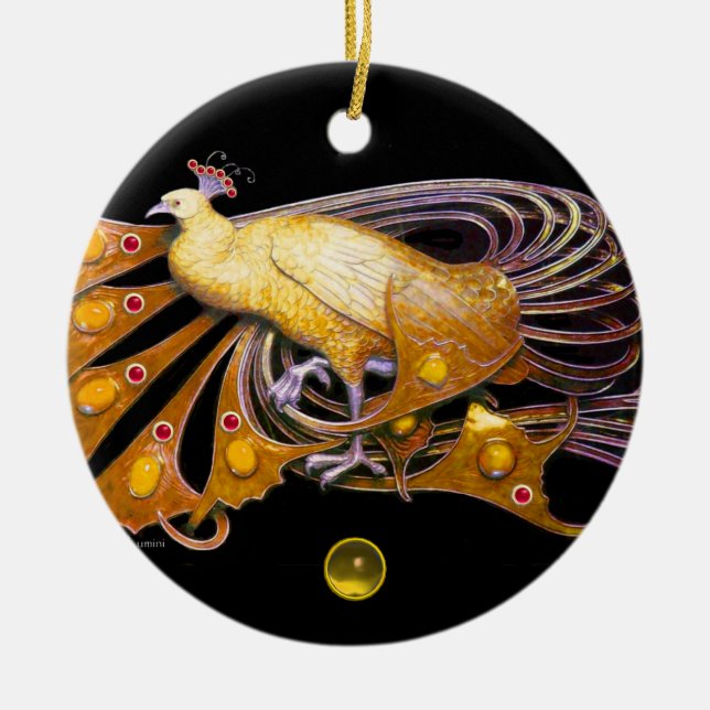 ELEGANT PEACOCK IN YELLOW TOPAZ CERAMIC ORNAMENT (Front)