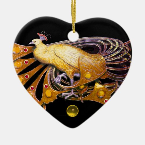 ELEGANT PEACOCK IN YELLOW TOPAZ HEART CERAMIC ORNAMENT