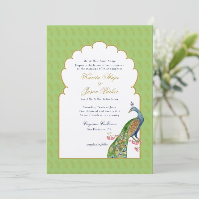 Elegant Peacock Indian wedding Mint Green Invitation (Standing Front)
