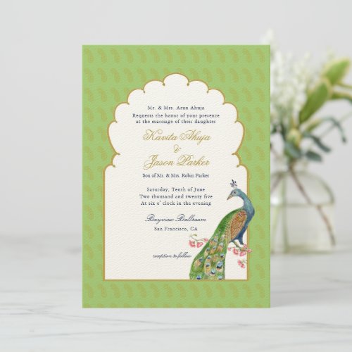 Elegant Peacock Indian wedding Mint Green Invitation