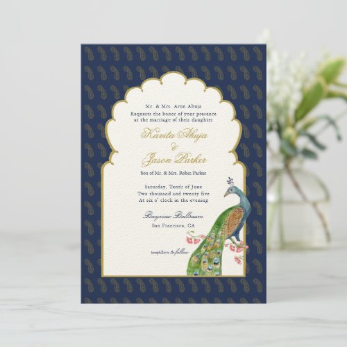 Elegant Peacock Indian wedding Navy blue Invitation