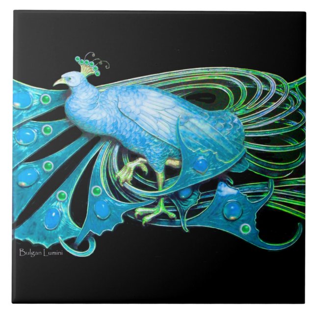 ELEGANT PEACOCK JEWEL IN AQUA BLUE TEAL CERAMIC TILE (Front)